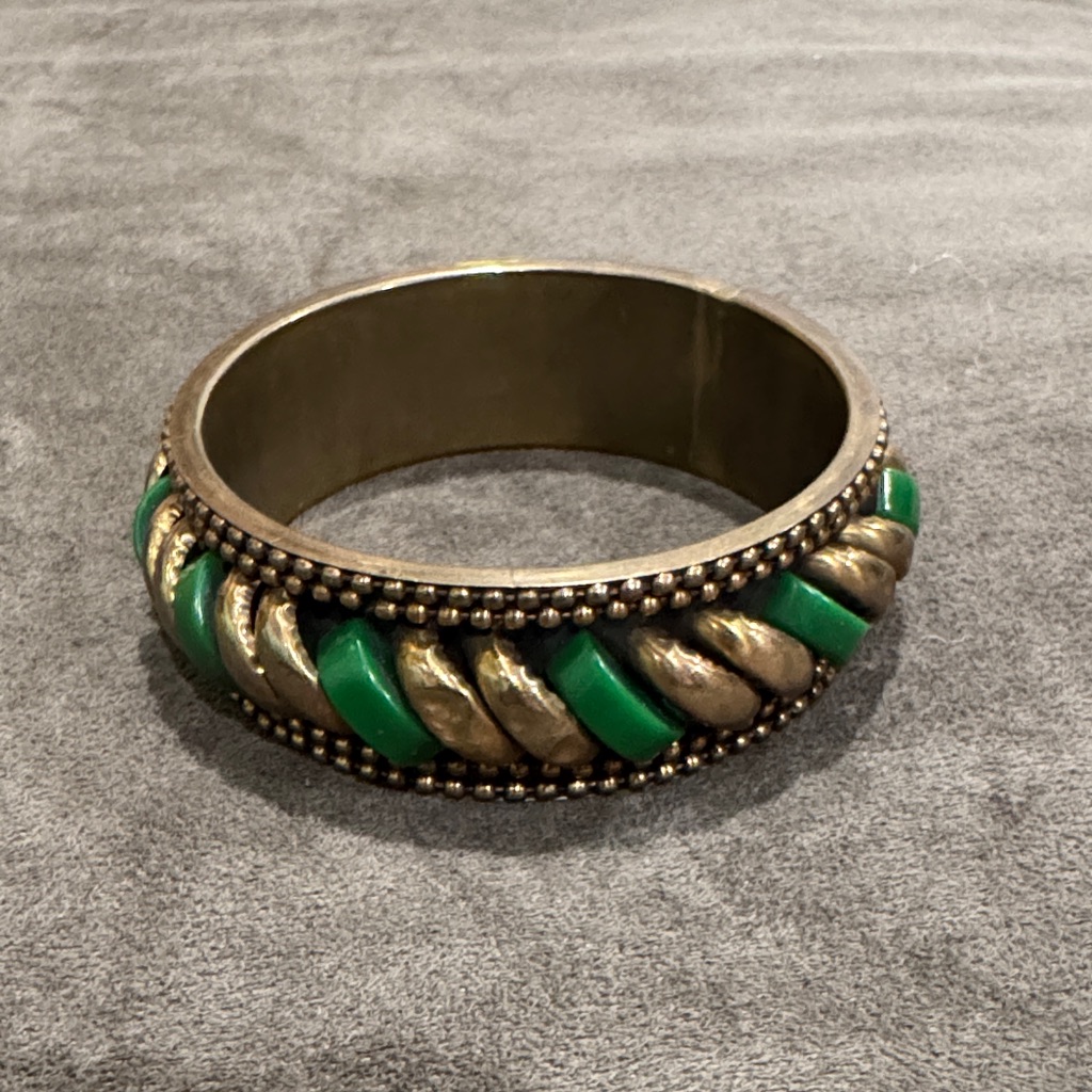 Gold-Tone Bangle Bracelet With Green Inlay - Women Jewelry